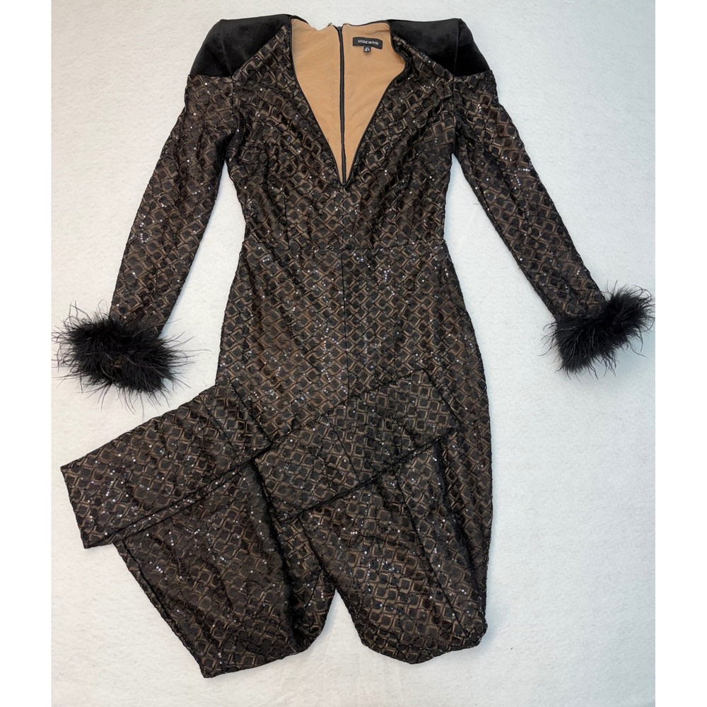 Nadine Merabi Black Sequin Lace Jumpsuit Feather Cuffs Flare Leg US 6 SM - Picture 2 of 7